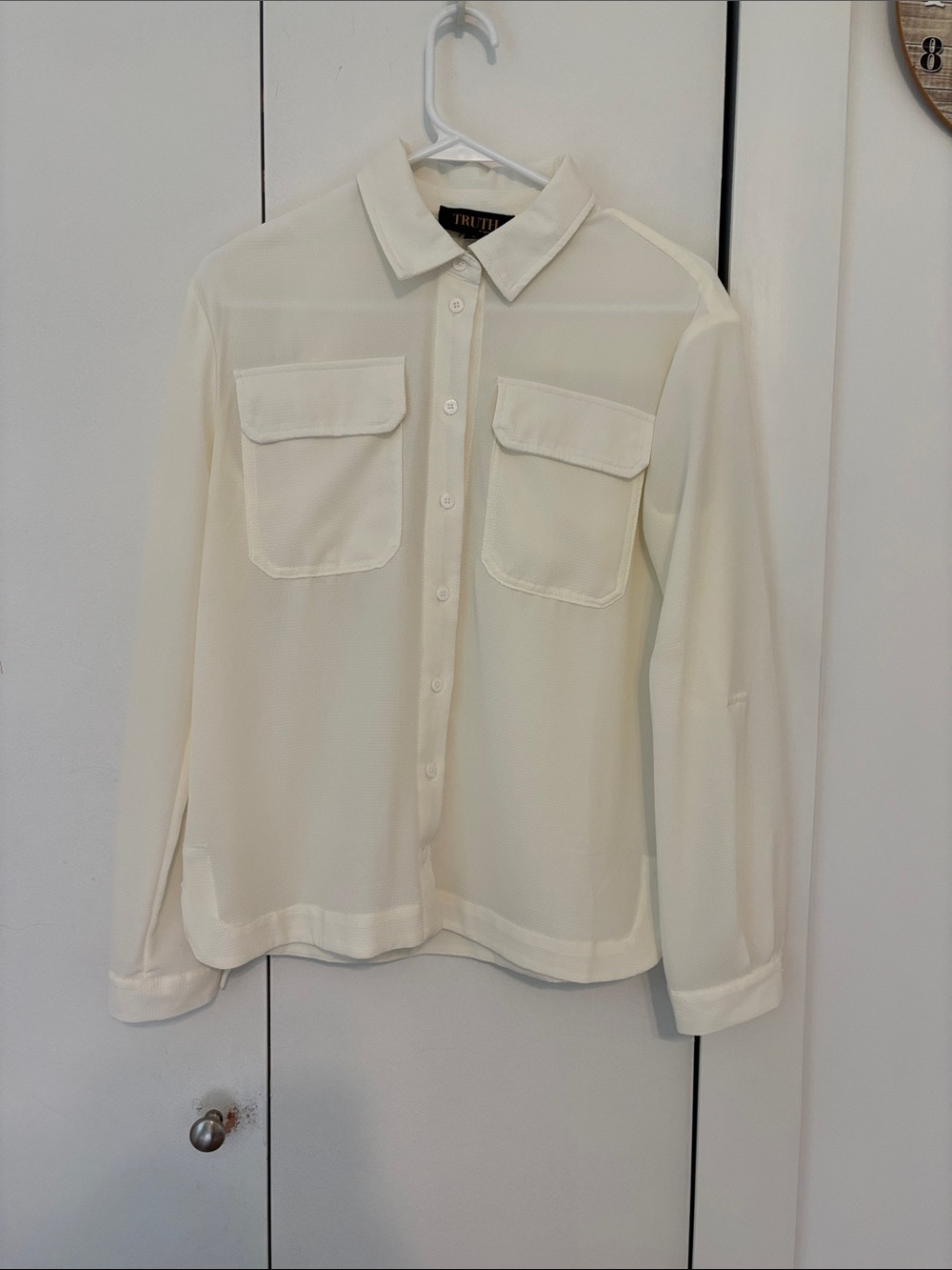 Classic Cream Button-Front Blouse with Patch Pockets